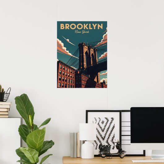 Retro Brooklyn Bridge New York City skyline Poster (Thuiskantoor)