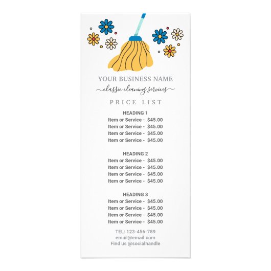 Retro Broom Cleaning Services prijslijst Reclamekaart (Voorkant)