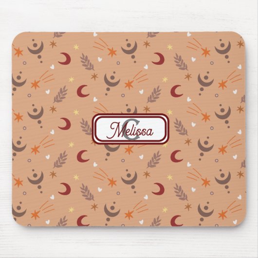 Retro Brown Boho Whimsical Monogram op persoonlijk Muismat (Voorkant)