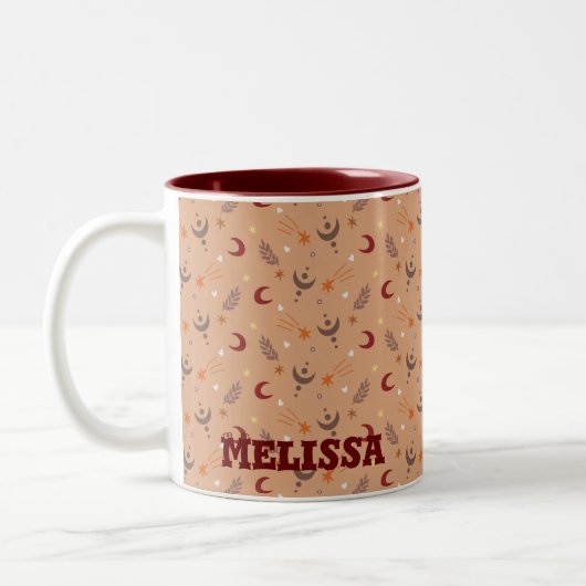 Retro Brown Boho Whimsical Pattern gepersonaliseer Tweekleurige Koffiemok (Links)