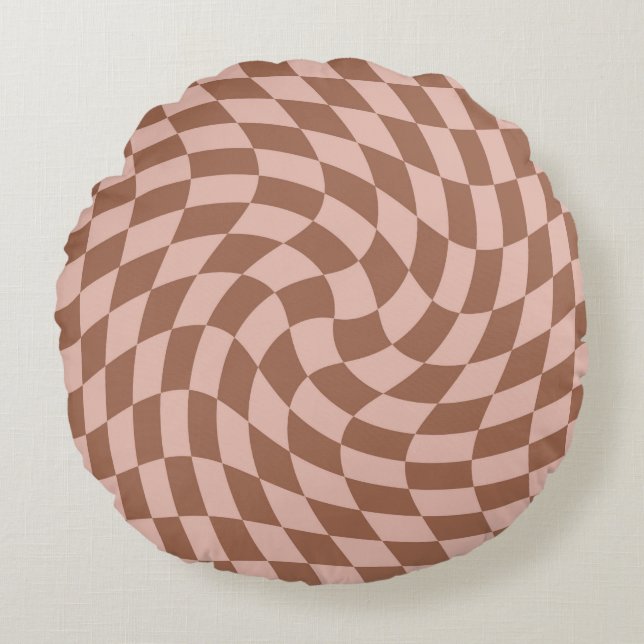 Retro Brown Checksed Checkered Dorm Room Rond Kussen (Voorkant)