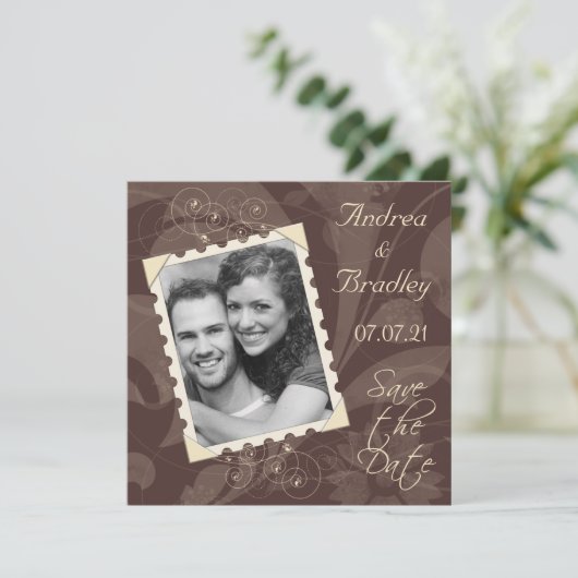 Retro Brown en Ivory Photo Wedding Save the Date (Staand voorkant)