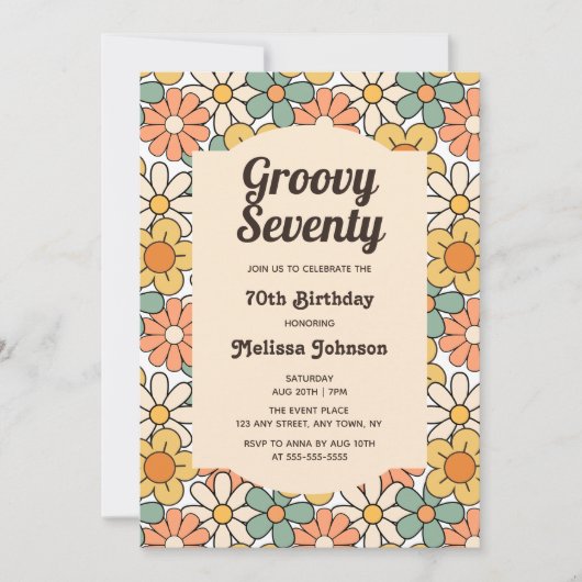 Retro Brown Peach Floral Groovy 70e verjaardag Kaart (Voorkant)