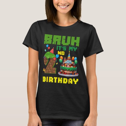 Retro Bruh Het Is Mijn 2e Verjaardag Pixel Cake Ga T-shirt (Voorkant)