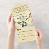 Retro Bruid & Bruidegom Pop Art Comic Wedding All In One Uitnodiging (Afscheurbaar)