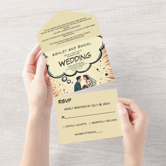  Retro Bruid & Bruidegom Pop Art Comic Wedding All In One Uitnodiging (Afscheurbaar)