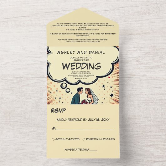 Retro Bruid & Bruidegom Pop Art Comic Wedding All In One Uitnodiging (Binnen)