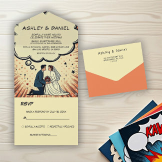 Retro Bruid & Bruidegom Pop Art Strips Huwelijk All In One Uitnodiging