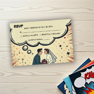 Retro Bruid & Bruidegom Pop Art Strips Huwelijk RSVP Kaartje