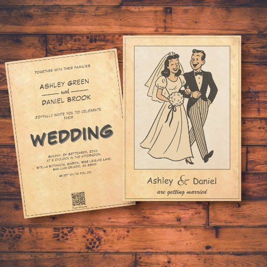  Retro Bruid en Bruidegom 50s Comic Wedding Kaart