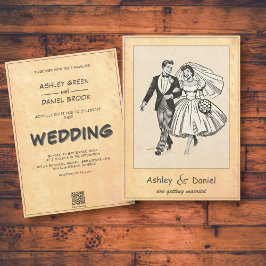  retro bruid en bruidegom 50s komische bruiloft kaart