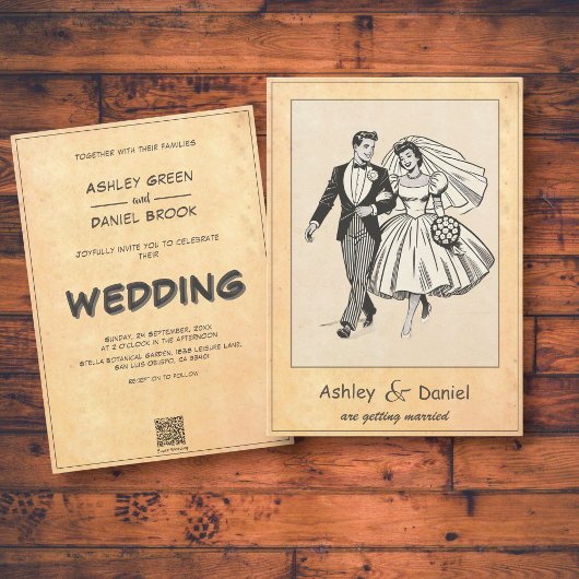 retro bruid en bruidegom 50s komische bruiloft kaart