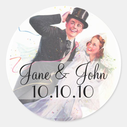 Retro bruid en bruidegom bruiloft ronde sticker (Voorkant)