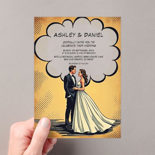  retro bruid en bruidegom stripboek bruiloft acryl uitnodigingen (Insitu (Draagbaar))