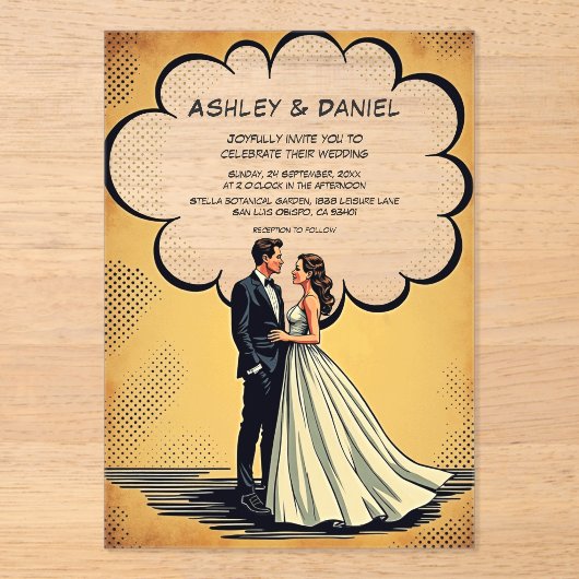  retro bruid en bruidegom stripboek bruiloft acryl uitnodigingen (Voorkant)