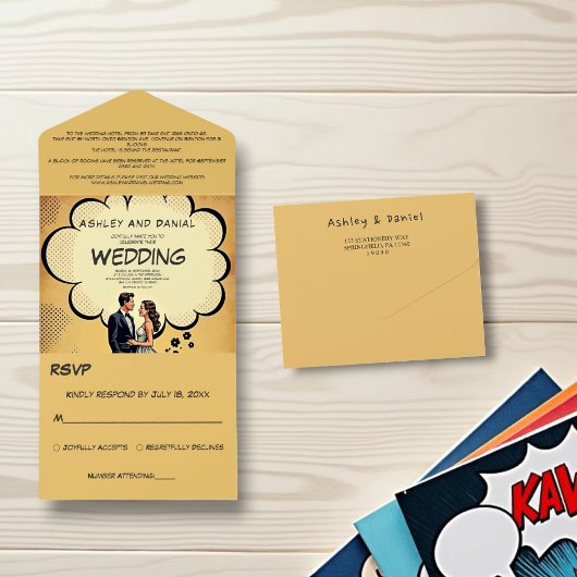 retro bruid en bruidegom stripboek bruiloft all in one uitnodiging