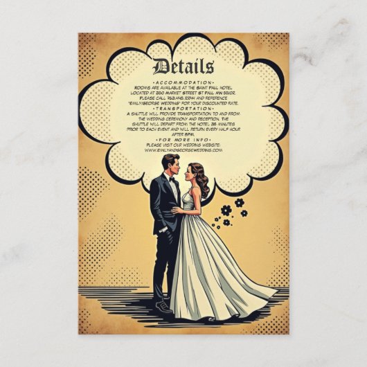 retro bruid en bruidegom stripboek bruiloft informatiekaartje (Voorkant)
