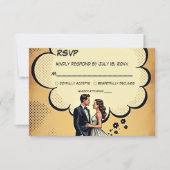  retro bruid en bruidegom stripboek bruiloft RSVP kaartje (Voorkant)