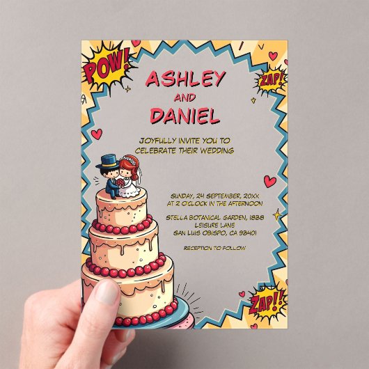 Retro Bruid & Groom Pop Art Comic Style Wedding Acryl Uitnodigingen (Insitu (Draagbaar))