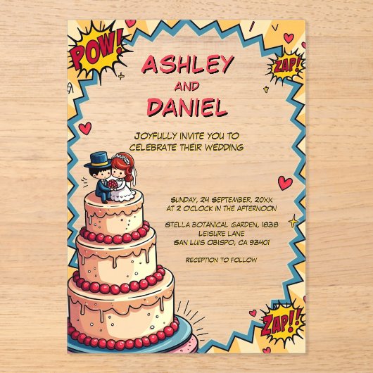 Retro Bruid & Groom Pop Art Comic Style Wedding Acryl Uitnodigingen (Voorkant)