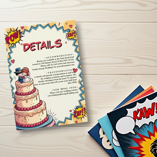 Retro Bruid & Groom Pop Art Comic Style Wedding Informatiekaartje