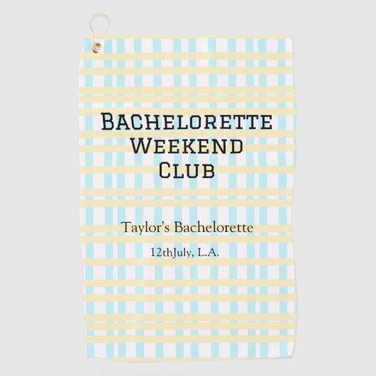 RETRO BRUIDSFEEST WEEKEND CLUB BLAUW GEEL DATUM GOLFHANDDOEK (Voorkant)