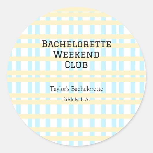 RETRO BRUIDSFEEST WEEKEND CLUB BLAUW GEEL DATUM RONDE STICKER (Voorkant)