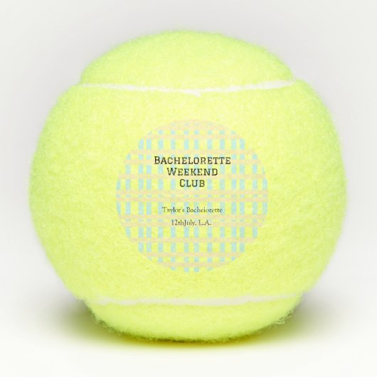 RETRO BRUIDSFEEST WEEKEND CLUB BLAUW GEEL DATUM TENNISBALLEN (Voorkant)