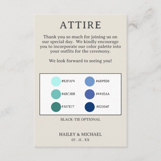 Retro bruiloft kleding kleurenpalet informatiekaartje (Voorkant)
