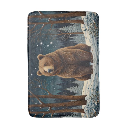 Retro bruin beer middernacht winterlandschap badmat (Voorkant Verticaal)