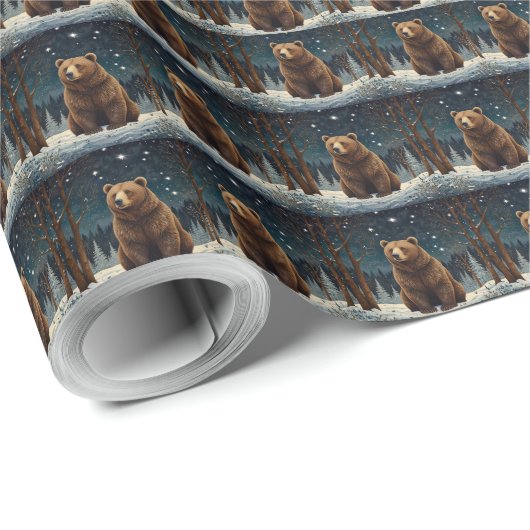 Retro bruin beer middernacht winterlandschap cadeaupapier (Rol Hoek)