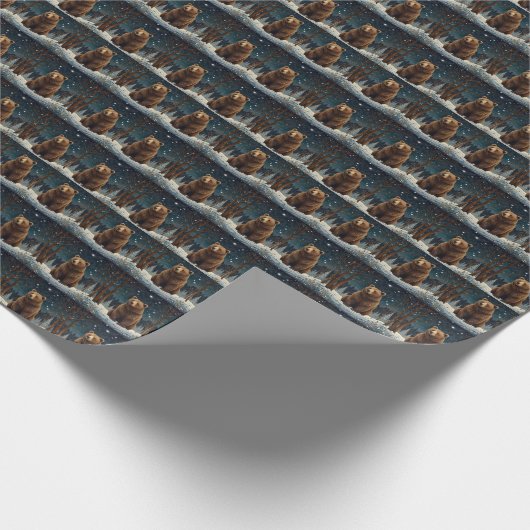 Retro bruin beer middernacht winterlandschap cadeaupapier (Hoek)