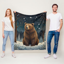 Retro bruin beer middernacht winterlandschap fleece deken
