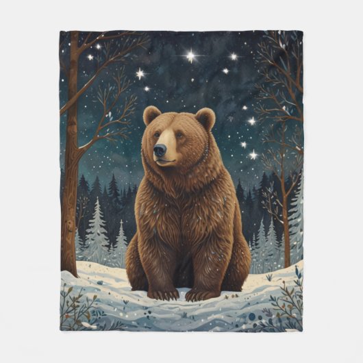 Retro bruin beer middernacht winterlandschap fleece deken (Voorkant)