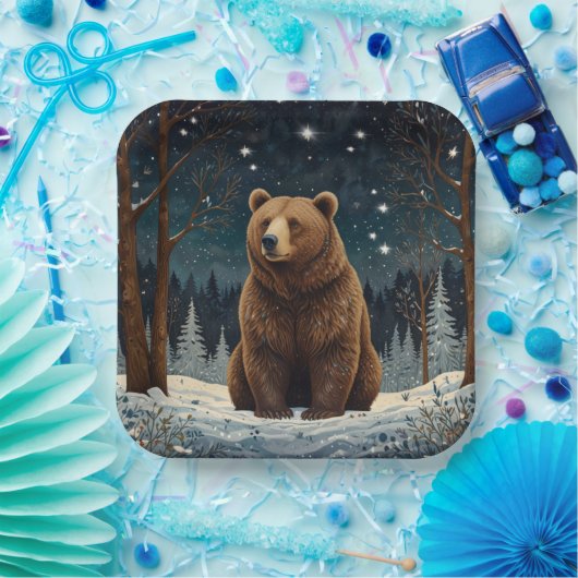 Retro bruin beer middernacht winterlandschap papieren bordje (Feest)
