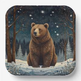 Retro bruin beer middernacht winterlandschap papieren bordje