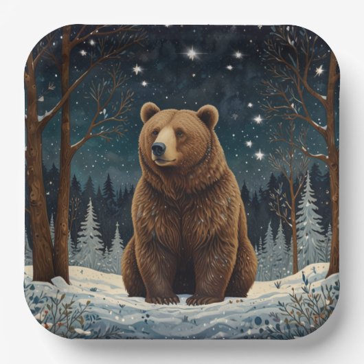Retro bruin beer middernacht winterlandschap papieren bordje (Voorkant)