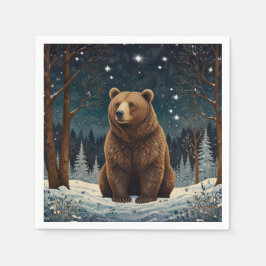 Retro bruin beer middernacht winterlandschap servet