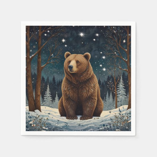 Retro bruin beer middernacht winterlandschap servet (Voorkant)