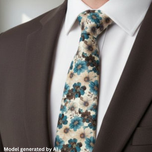 Retro Bruin Blauw Bloemmotief Stropdas