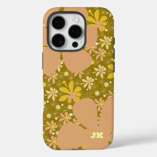 Retro bruin en geel bloemenmonogram iPhone 16 pro hoesje