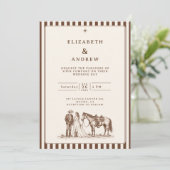 Retro bruin gestreepte westerse bruiloft kaart (Staand voorkant)