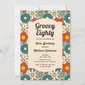 Retro Bruin Groen Bloemen Groovy 80ste Verjaardag Kaart (Voorkant)