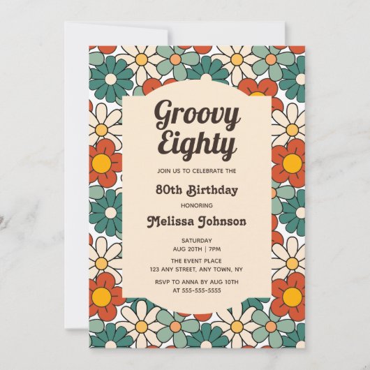 Retro Bruin Groen Bloemen Groovy 80ste Verjaardag Kaart (Voorkant)
