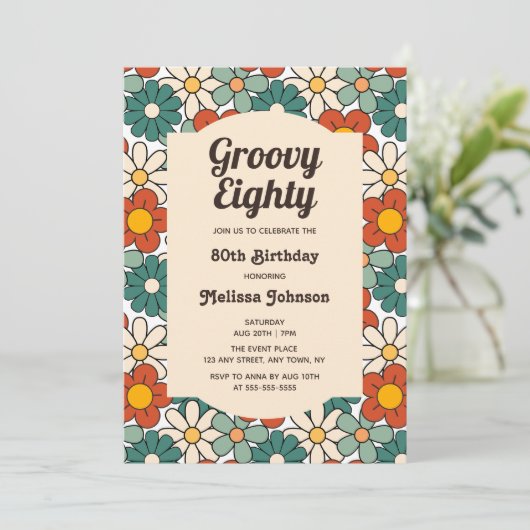 Retro Bruin Groen Bloemen Groovy 80ste Verjaardag Kaart (Staand voorkant)