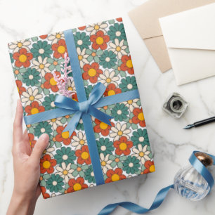 Retro Bruin Groen Hippie Floral Groovy Cadeaupapier