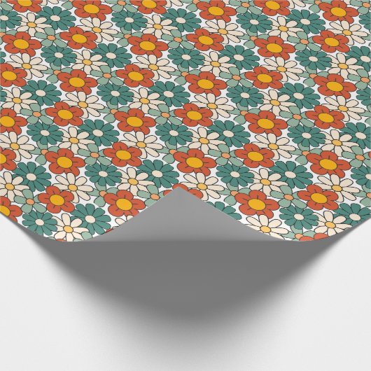 Retro Bruin Groen Hippie Floral Groovy Cadeaupapier (Hoek)