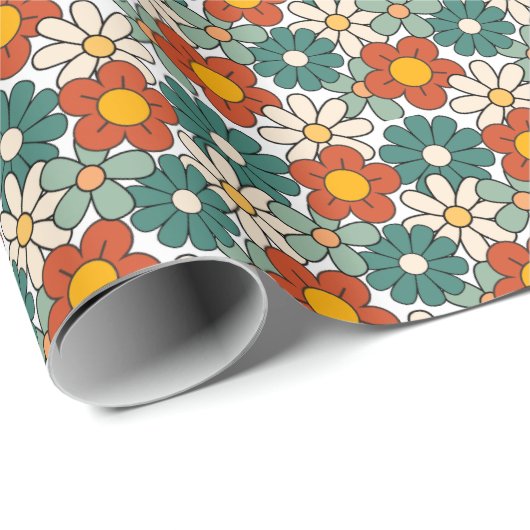 Retro Bruin Groen Hippie Floral Groovy Cadeaupapier (Rol Hoek)