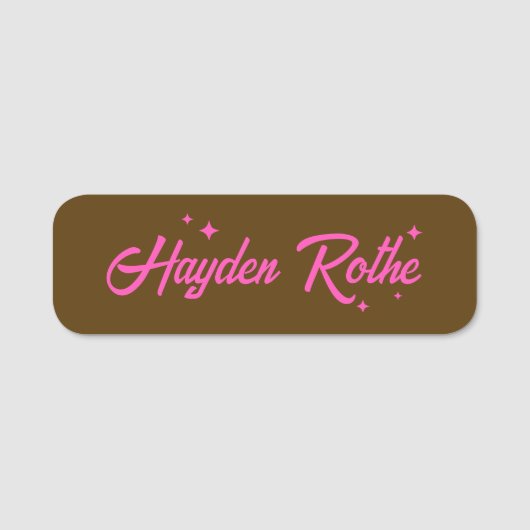 Retro Bruin Roze Typografie Stars Naamplaatje (Voorkant)