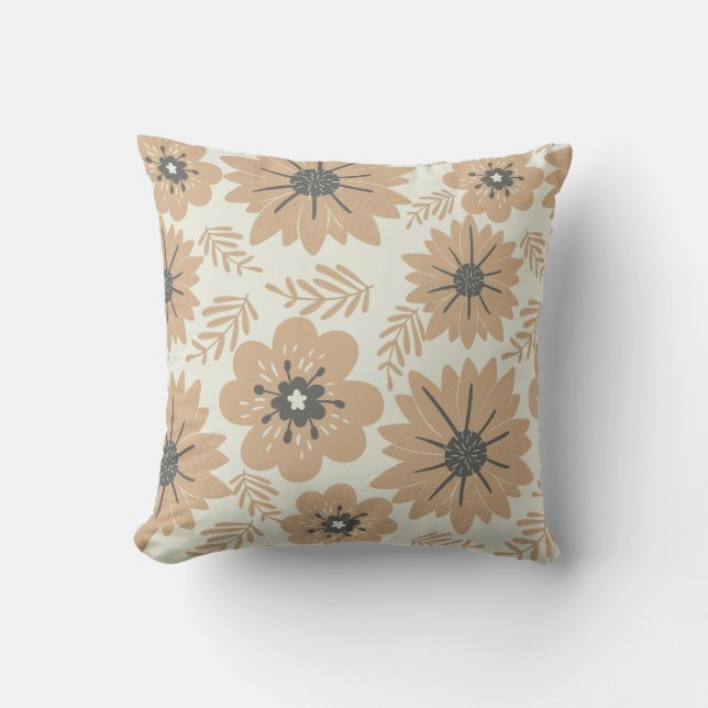 Retro  Bruine Bloemen Kussen (Voorkant)